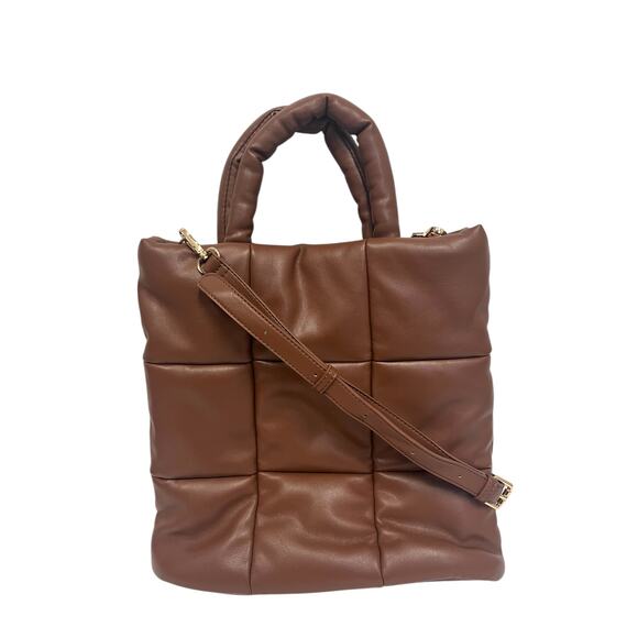 Aqua Handbags - AQUA Brown Faux Leather Polyurethane Puffer Quilted Crossbody Tote Bag